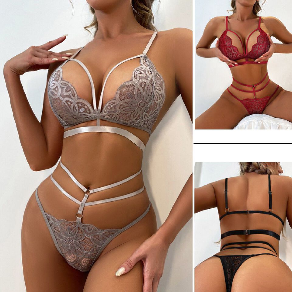Women's  Floral Lace Lingerie Set with Cut-Out Bra and Thong Underwear women clothes