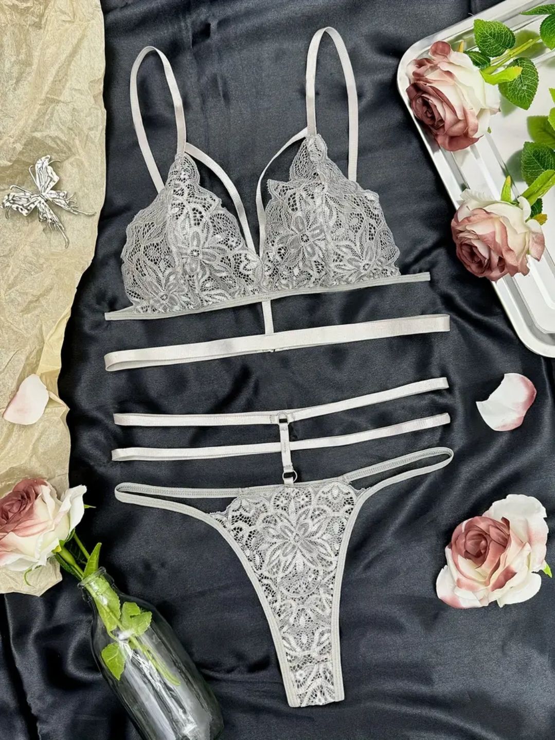 Women's  Floral Lace Lingerie Set with Cut-Out Bra and Thong Underwear