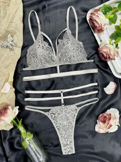Women's  Floral Lace Lingerie Set with Cut-Out Bra and Thong Underwear women clothes