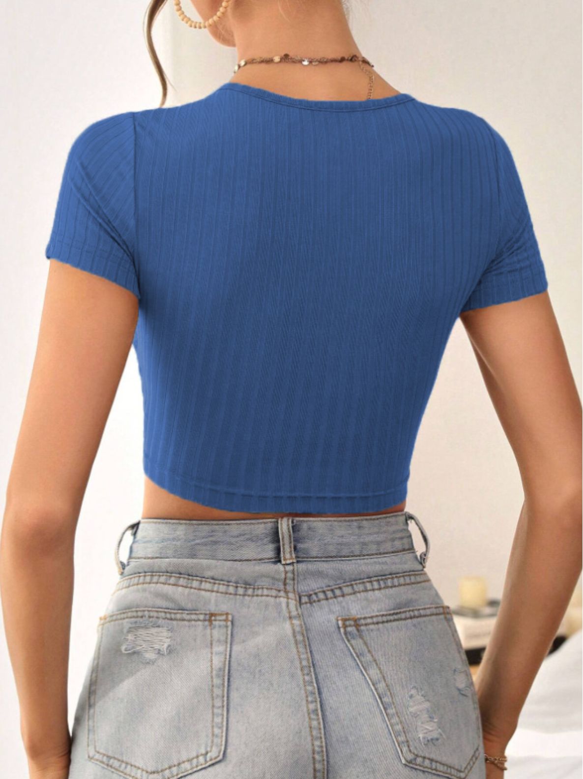 V Neck Crop T-Shirt, Casual Solid Color Short Sleeve Top For Summer, Women's Clothing