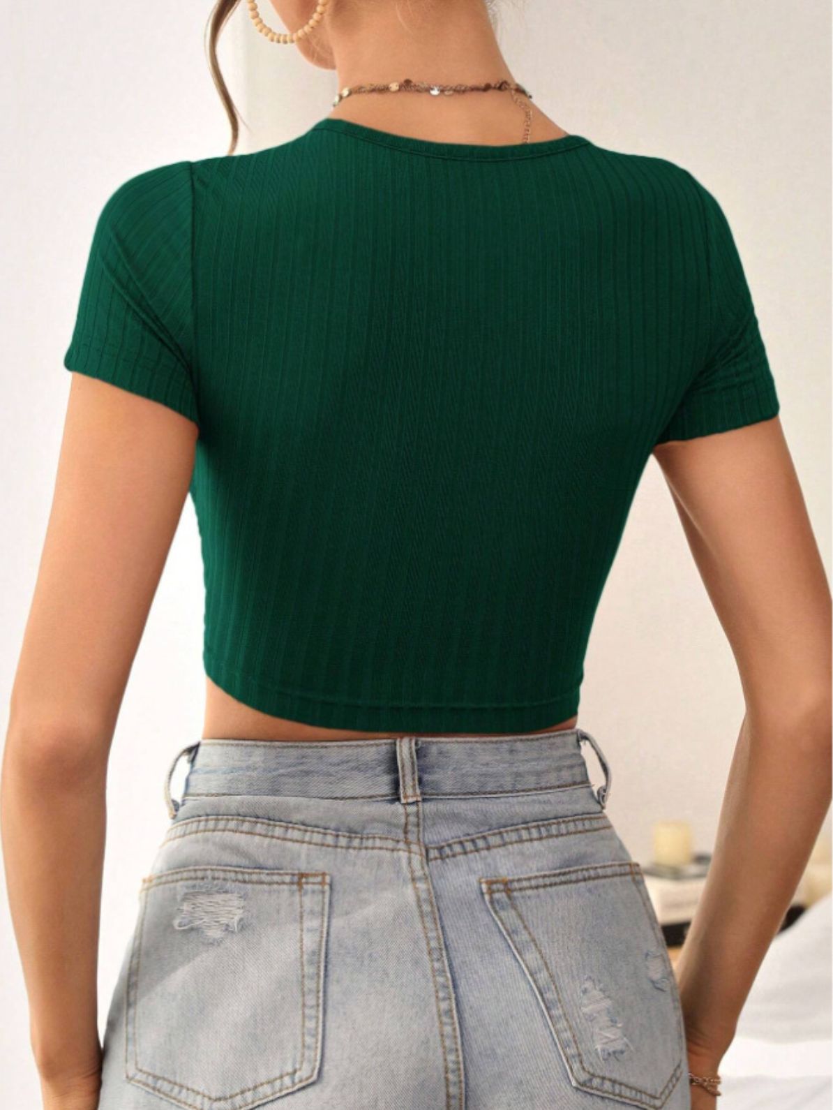 V Neck Crop T-Shirt, Casual Solid Color Short Sleeve Top For Summer, Women's Clothing