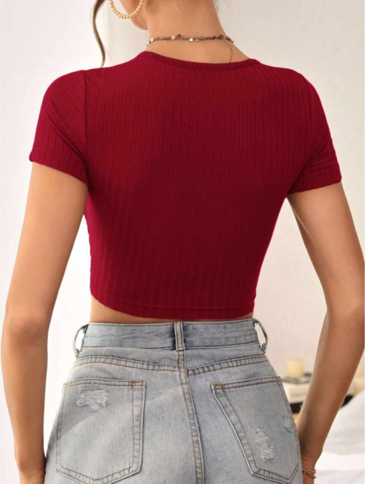 V Neck Crop T-Shirt, Casual Solid Color Short Sleeve Top For Summer, Women's Clothing