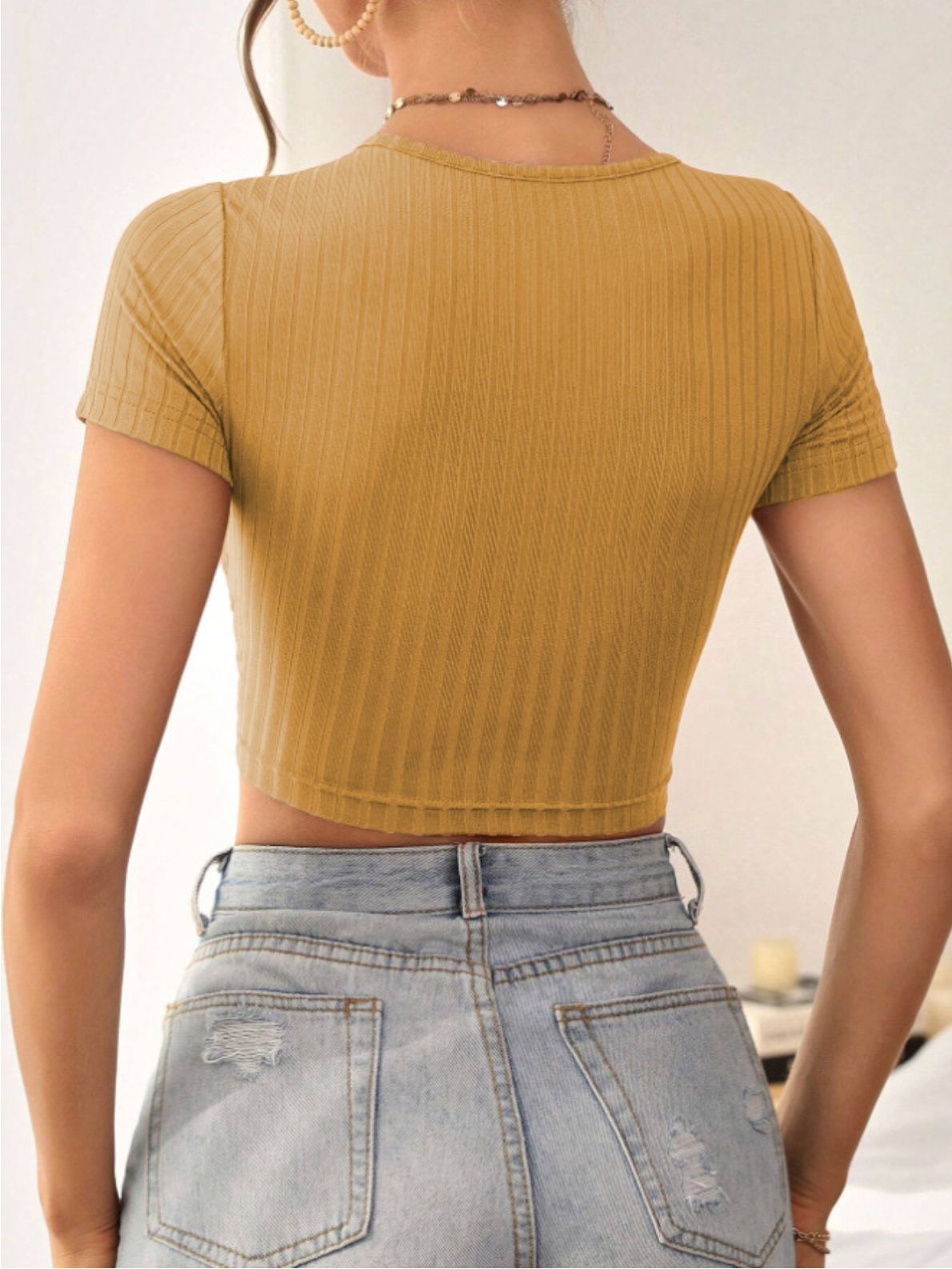 V Neck Crop T-Shirt, Casual Solid Color Short Sleeve Top For Summer, Women's Clothing