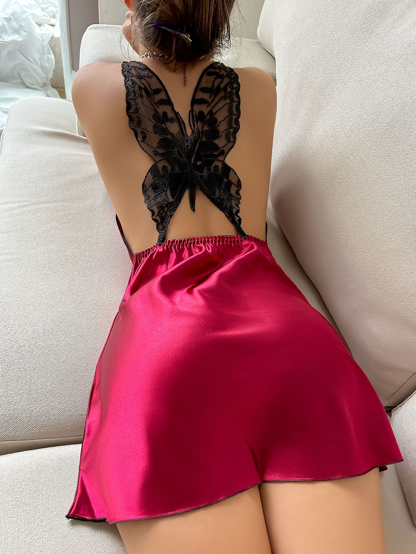 Butterfly Lace Slip Nightdress Silk Like Floral Butterfly Backless Hot Ladies Suspender Pajamas Loungewear Mini Dress