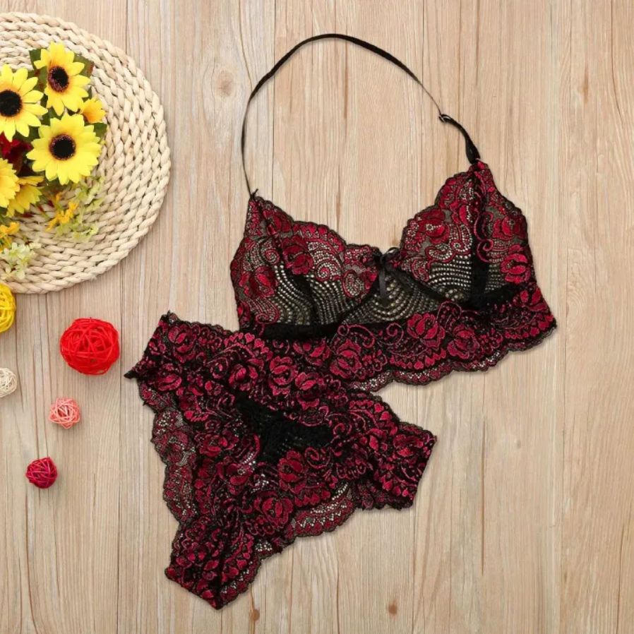 Floral Lace Trim Lingerie Set Seductive Push Up Bra Semi-Sheer Lace Panties Fancy Porn Bra Brief Set panties