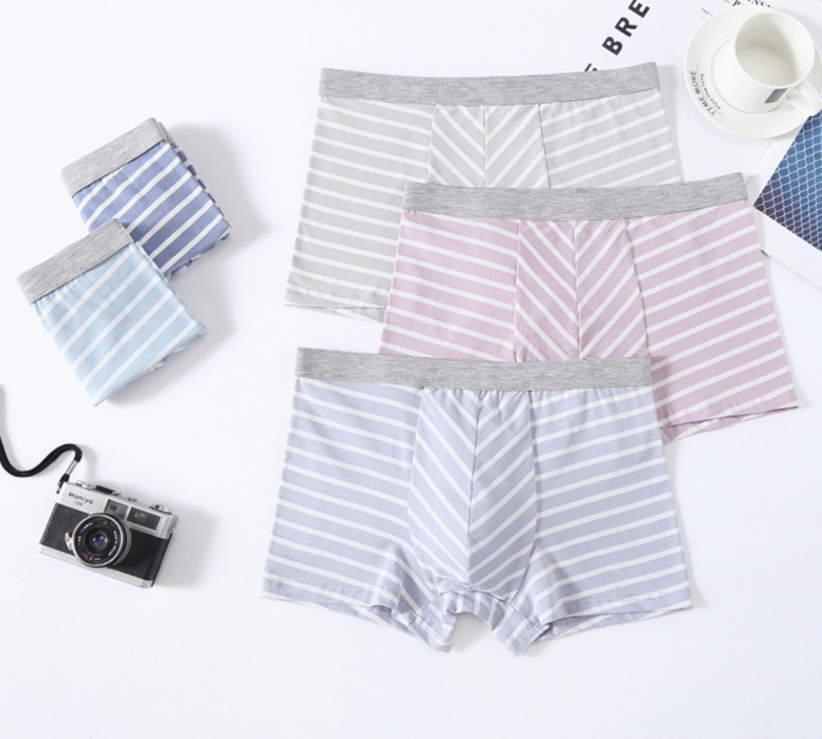 3Pcs Cotton striped men's boxer briefs loose plus size sports youth mid waist breathable - Antibacterial,Soft and Comfy Shorts men's breathable boxer briefs