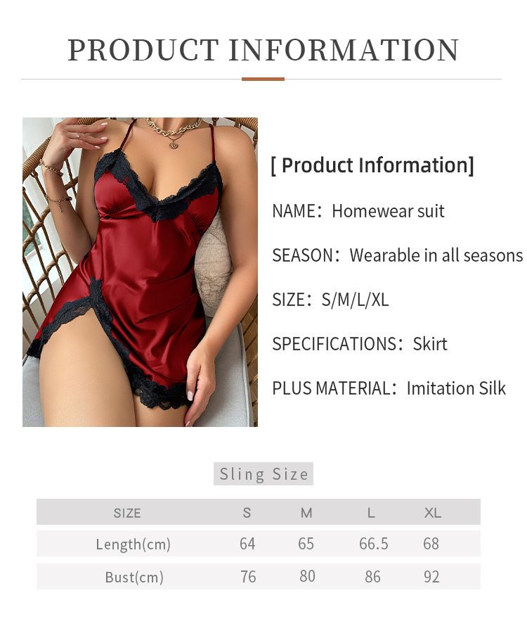 Solid Night Dress, Contrast Lace Trim V Neck Side Split Backless Slip Dress , Women's Sleepwear & Loungewear