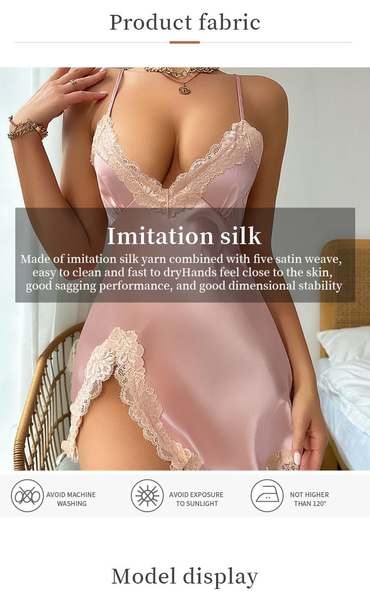 Solid Night Dress, Contrast Lace Trim V Neck Side Split Backless Slip Dress , Women's Sleepwear & Loungewear