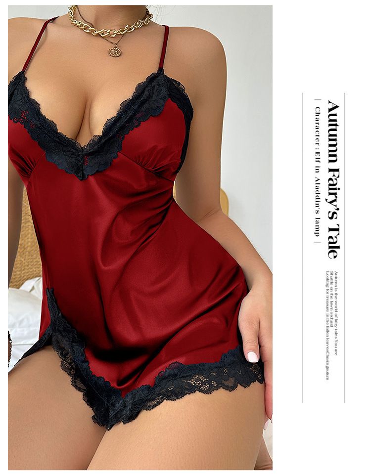 Solid Night Dress, Contrast Lace Trim V Neck Side Split Backless Slip Dress , Women's Sleepwear & Loungewear