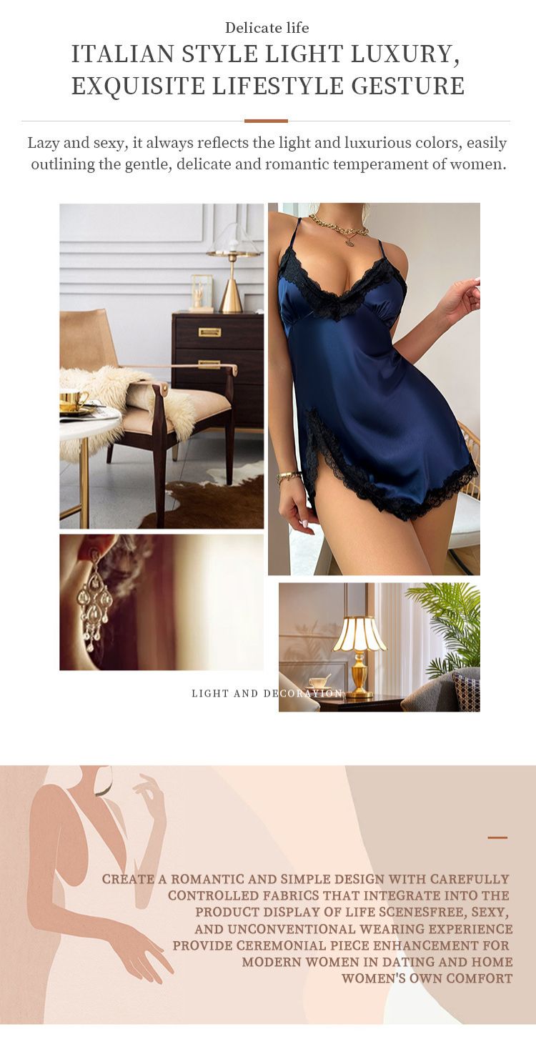 Solid Night Dress, Contrast Lace Trim V Neck Side Split Backless Slip Dress , Women's Sleepwear & Loungewear
