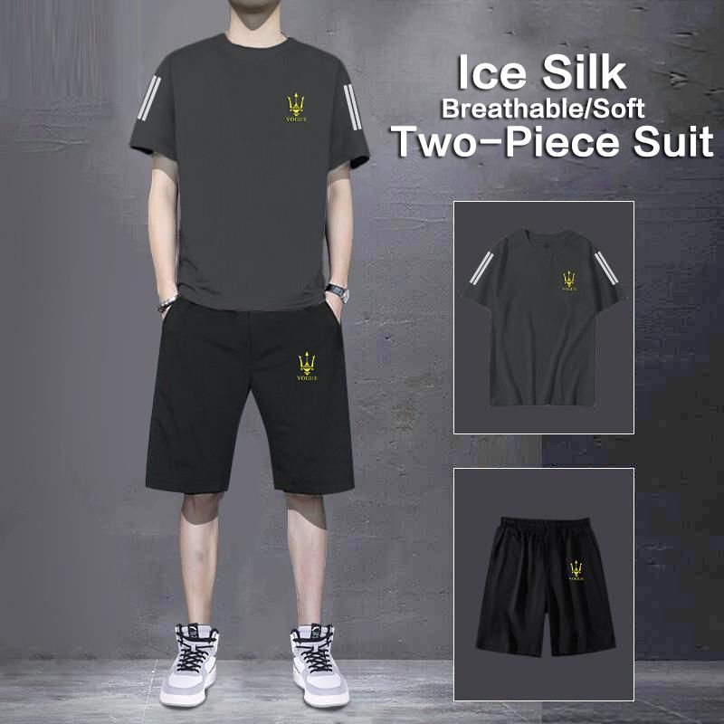 Men's Leisure sport track suits Tshirts Shorts Sets Ice Silk Fashioin track suits men's summer ice silk two-piece set, loose round neck, large size, breathable short sleeved