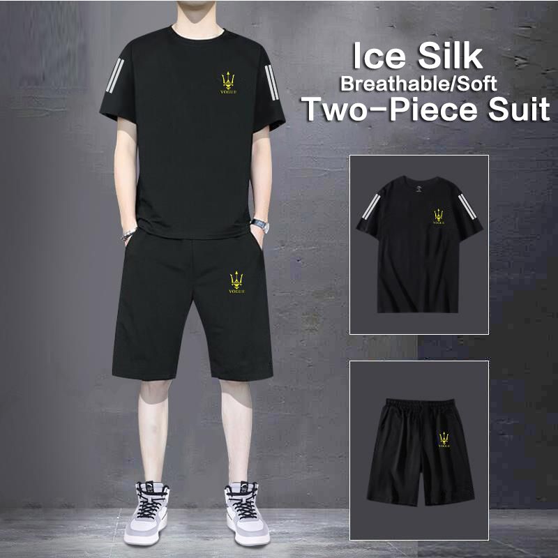 Men's Leisure sport track suits Tshirts Shorts Sets Ice Silk Fashioin track suits men's summer ice silk two-piece set, loose round neck, large size, breathable short sleeved