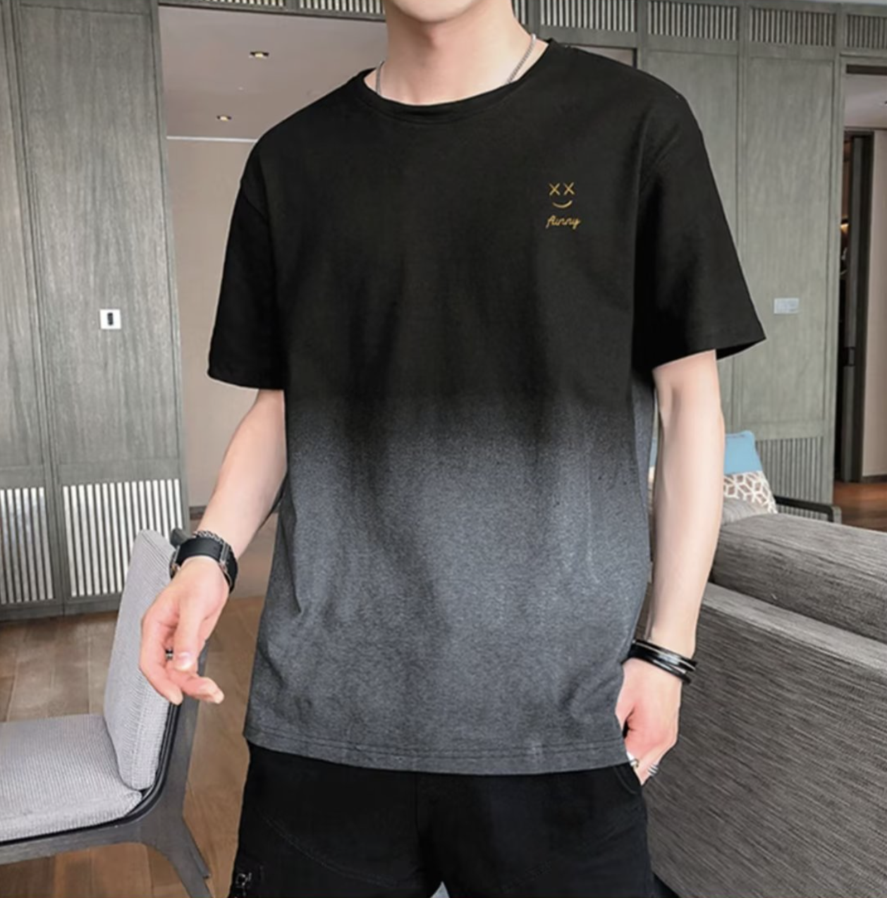 Men's Round Neck Gradient Color Printed Short Sleeved Casual Breathable T-shirt Fashion Men's Clothing ，Men Tops，Men‘s T-Shirt