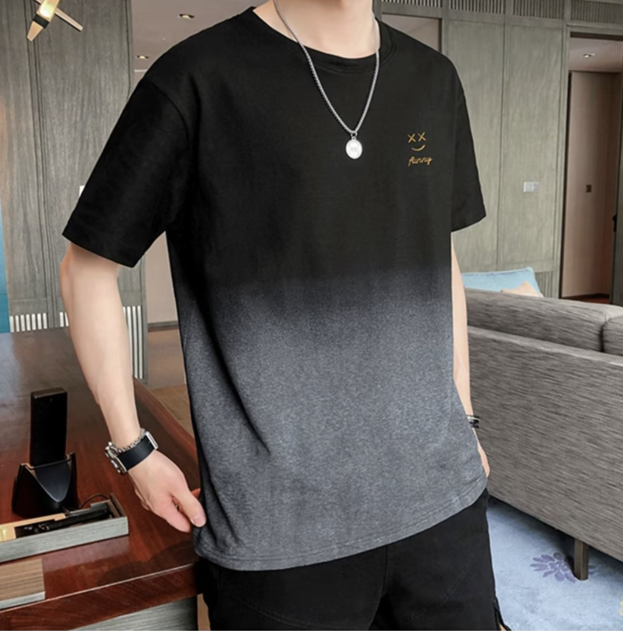 Men's Round Neck Gradient Color Printed Short Sleeved Casual Breathable T-shirt Fashion Men's Clothing ，Men Tops，Men‘s T-Shirt
