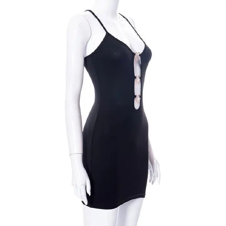 Women's Black Color Suspender Hollow Heart Buttocks Sling Pack Hip Dress  Lace-up Cut-out Backless Dress