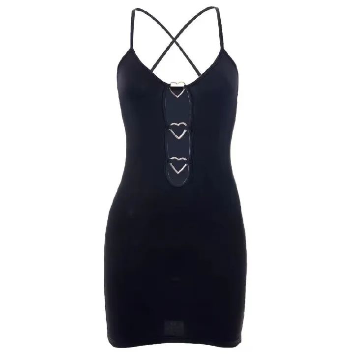 Women's Black Color Suspender Hollow Heart Buttocks Sling Pack Hip Dress  Lace-up Cut-out Backless Dress