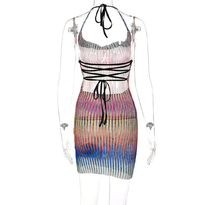 Mesh Mini Dress See Through Breast Wrap Hollow Out Lace Up Bandage Sleeveless Open Back Nightclub Party Bodycon