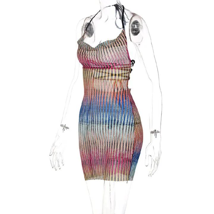 Mesh Mini Dress See Through Breast Wrap Hollow Out Lace Up Bandage Sleeveless Open Back Nightclub Party Bodycon