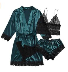 4PCS Lace Stitching Satin Women Pajama Set, Long Sleeve Robe With Belt & Floral Lace Cami Top & Panties & Shorts, women‘s night dressWomen's Sleepwear women clothes