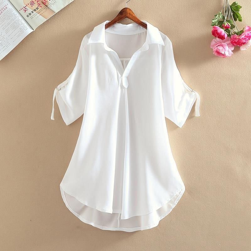 Medium to long short sleeved chiffon shirt for women, 2024 summer new plus size loose waist chiffon top for women's fashion, V-neck mid sleeved T-shirt, fashionable and casual, slim fit and stylish