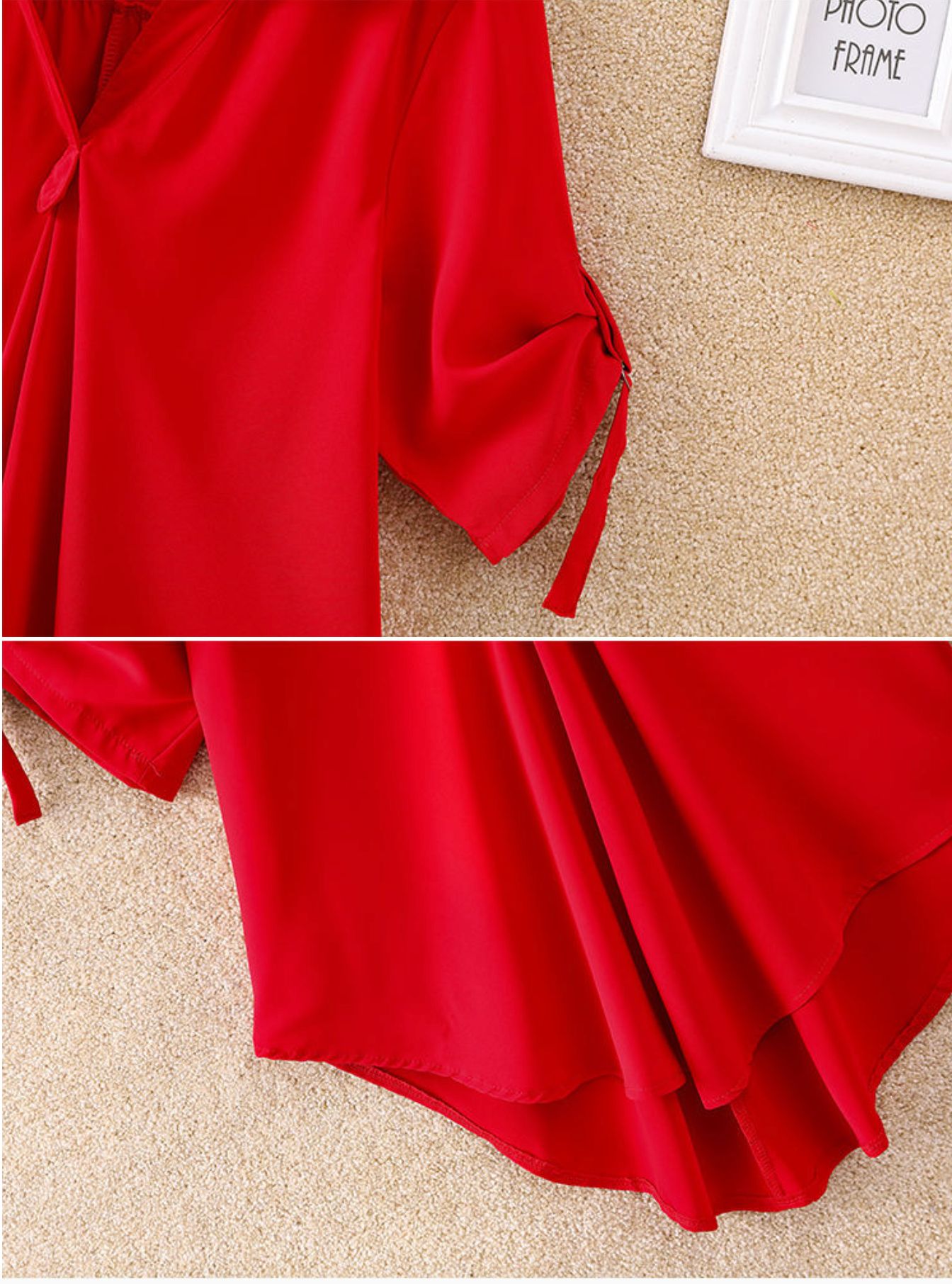 Medium to long short sleeved chiffon shirt for women, 2024 summer new plus size loose waist chiffon top for women's fashion, V-neck mid sleeved T-shirt, fashionable and casual, slim fit and stylish