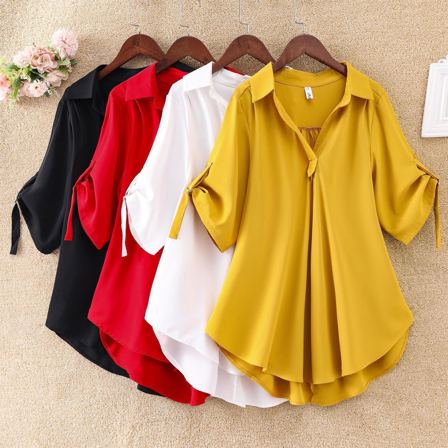 Medium to long short sleeved chiffon shirt for women, 2024 summer new plus size loose waist chiffon top for women's fashion, V-neck mid sleeved T-shirt, fashionable and casual, slim fit and stylish