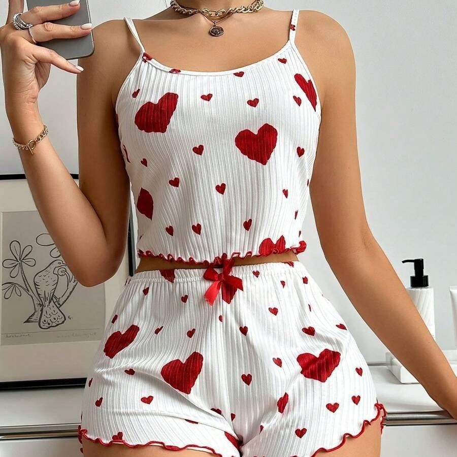 New women‘s sleep wear heart-shaped printed contrasting color home wear, front slit suspender pajama set