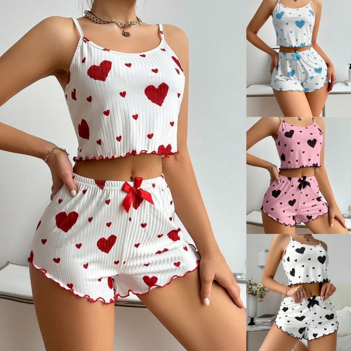 New women‘s sleep wear heart-shaped printed contrasting color home wear, front slit suspender pajama set
