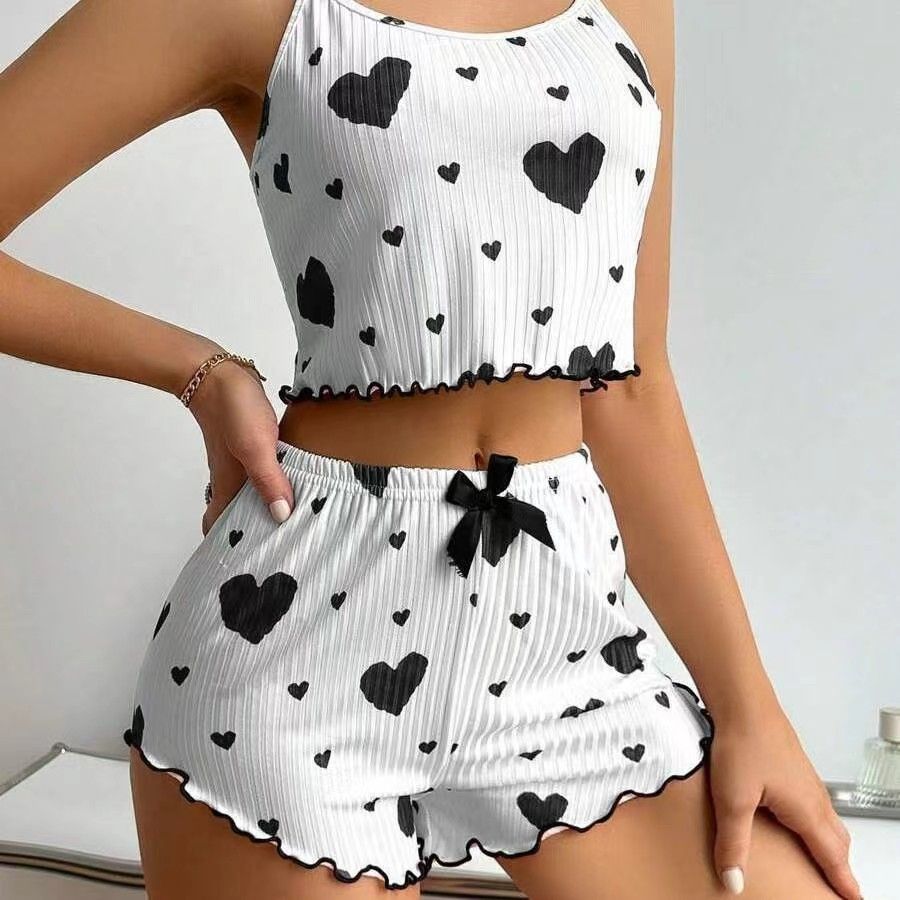 New women‘s sleep wear heart-shaped printed contrasting color home wear, front slit suspender pajama set