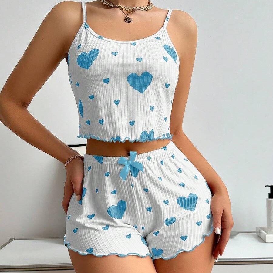 New women‘s sleep wear heart-shaped printed contrasting color home wear, front slit suspender pajama set