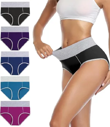 5pcs Colorblock Trim Cotton Briefs, Comfy & Breathable Stretchy Intimates Panties, Women's Lingerie & Underwear assorted,2XL