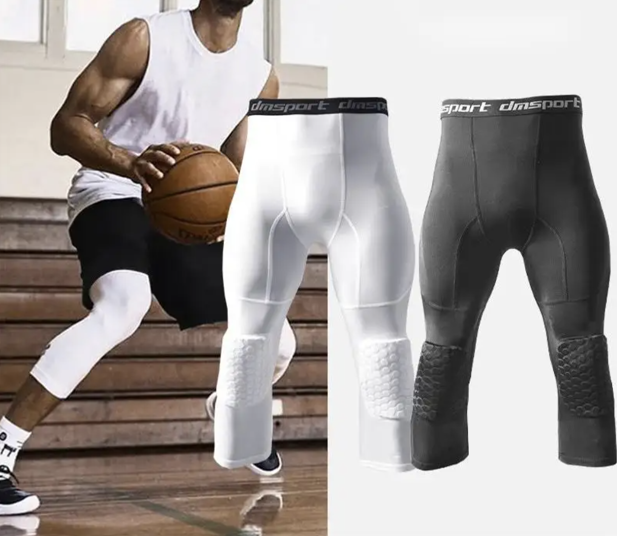 Men Basketball Leggings Pants with Knee Pads 3/4 Capri Compression Tights Pants Sports Athletic Baselayer