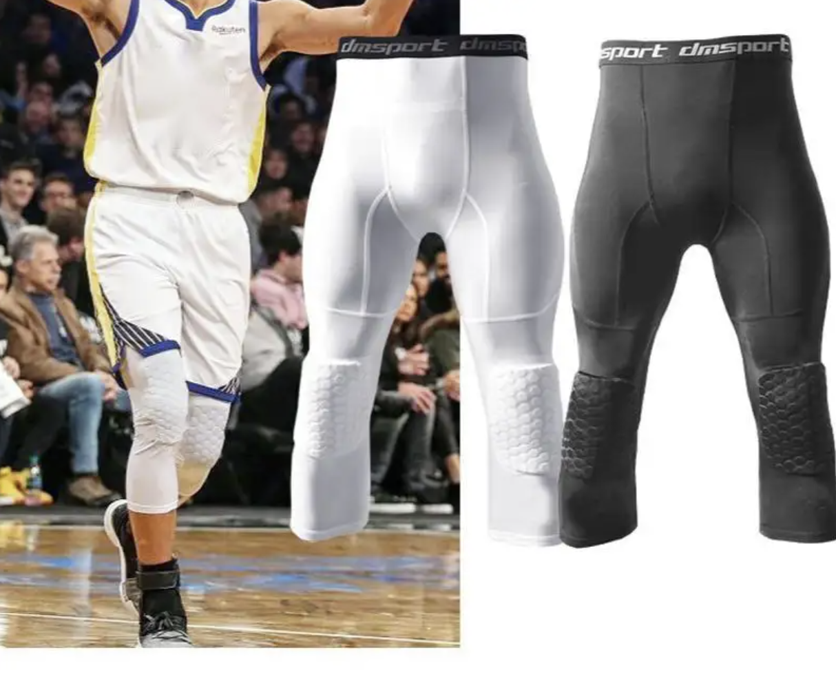 Men Basketball Leggings Pants with Knee Pads 3/4 Capri Compression Tights Pants Sports Athletic Baselayer