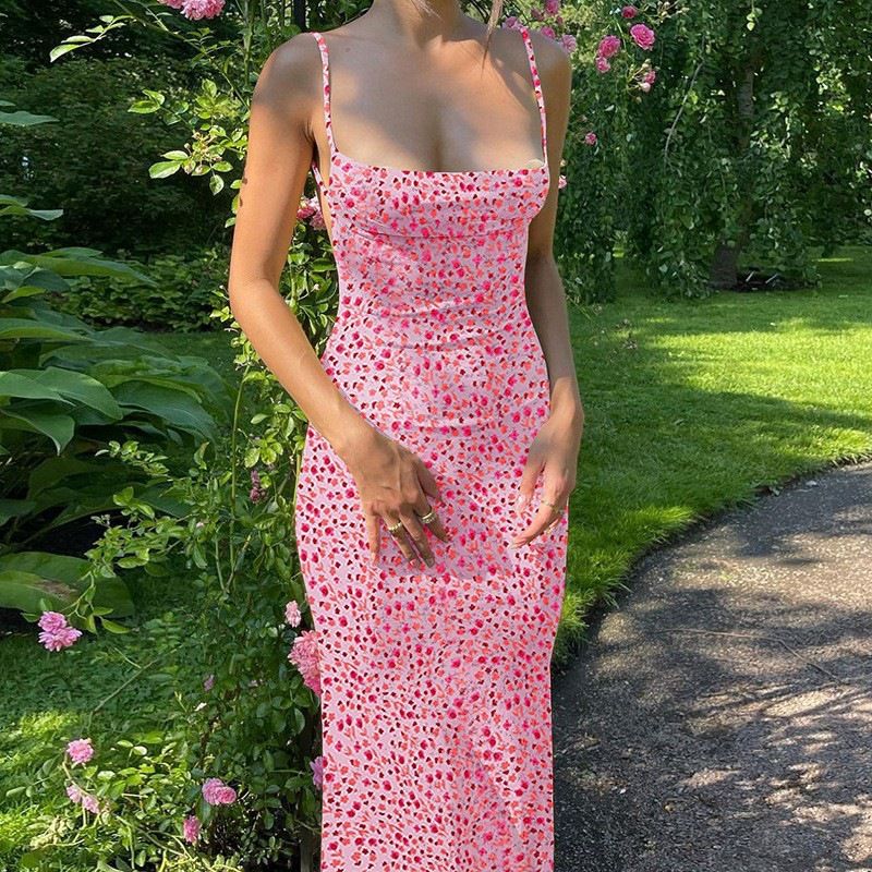 Women‘s Flower Print Slip Sleeveless Backless Slim Hot Dress Spring Summer Women Elegant Streetwear Party Clothing