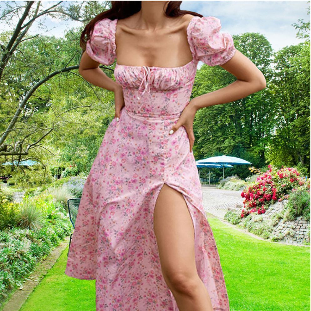 New Women's Floral Dress Slim Fit Lace-Up Side Slit Bohemian Style Ladies Dresses For Women