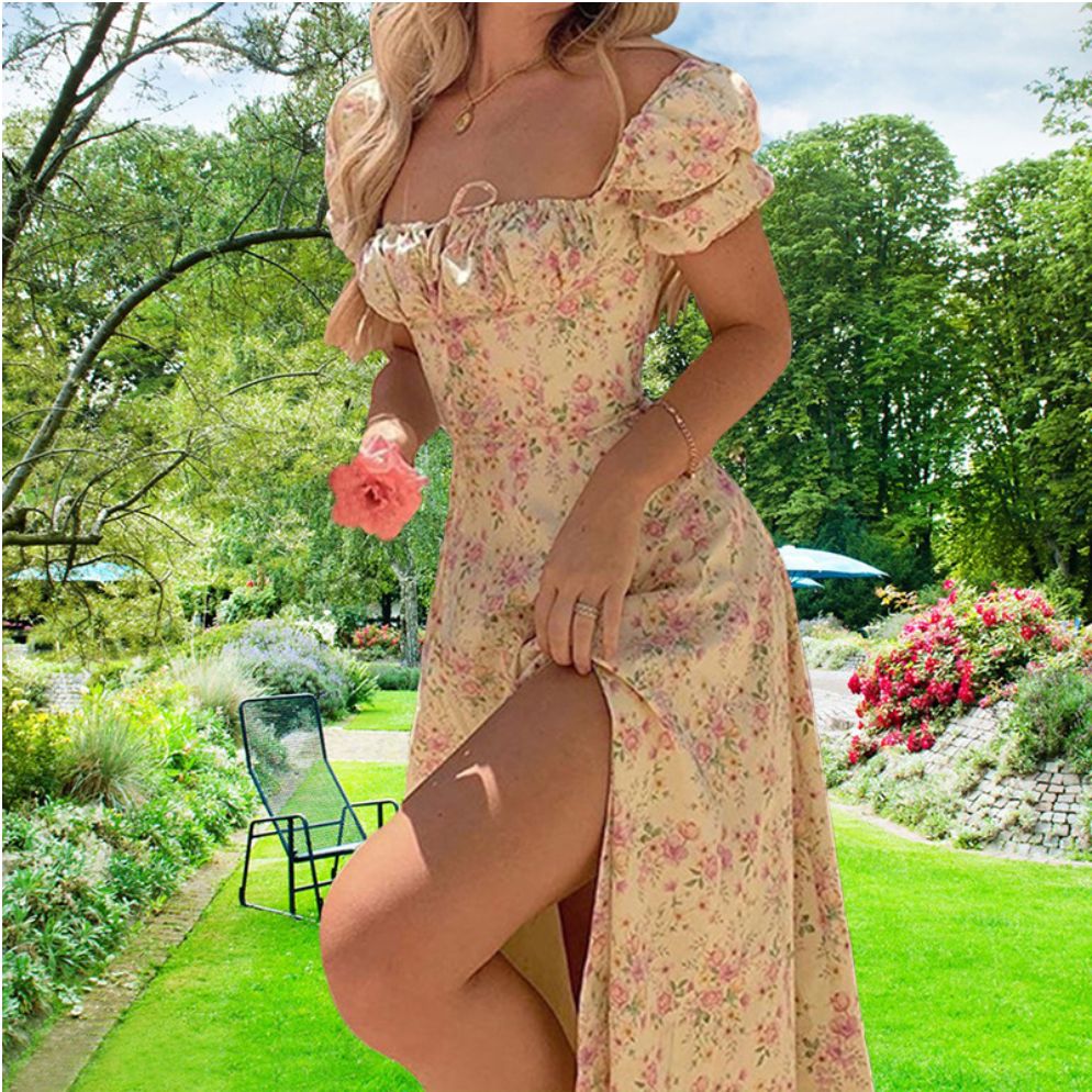 New Women's Floral Dress Slim Fit Lace-Up Side Slit Bohemian Style Ladies Dresses For Women
