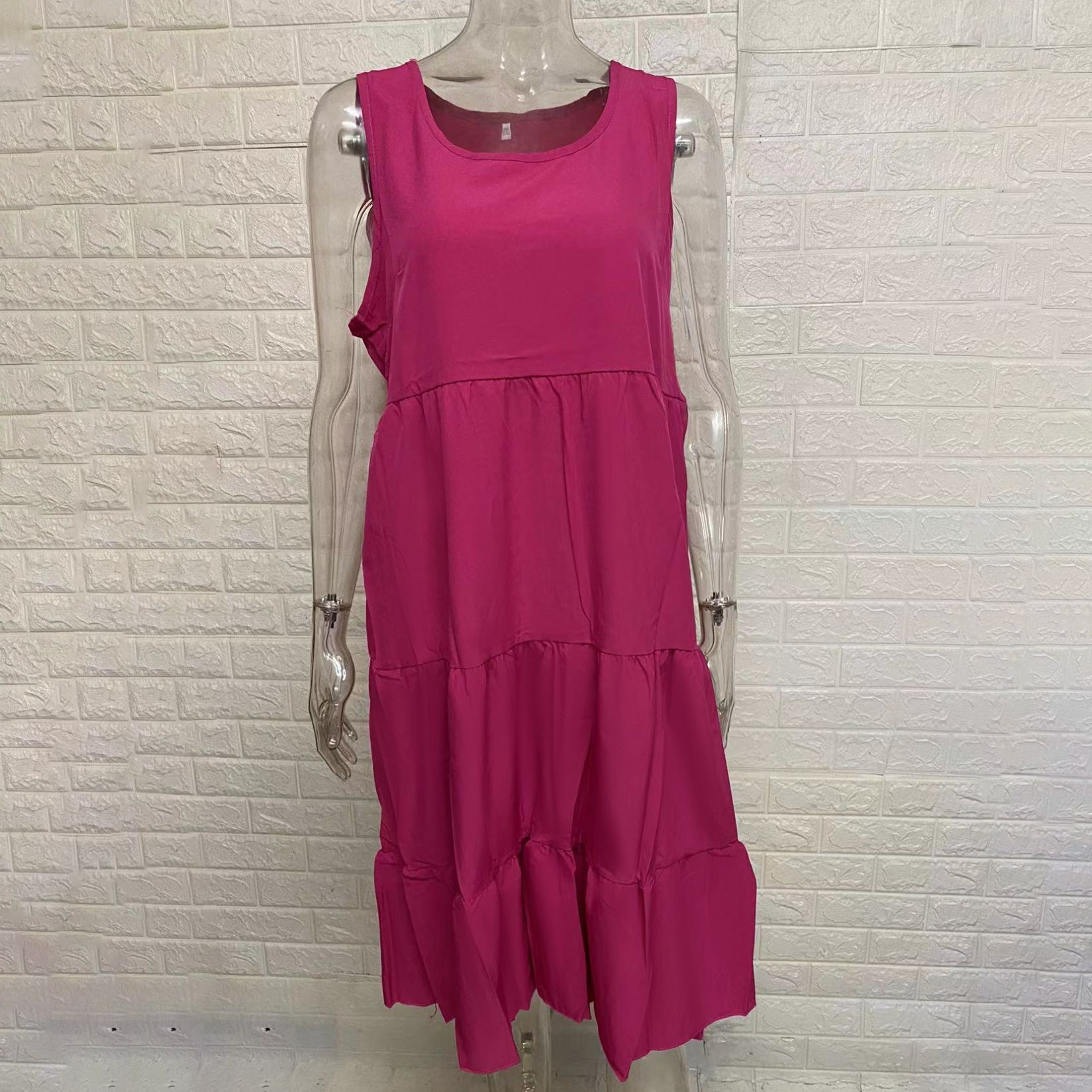 Women's Casual Sleeveless Crew Neck Tiered Layer Baggy Thin Fit Summer Tank Dress - Lightweight Breathable Solid Color, Machine Washable for Daily Outdoor Wear, Ladies Dresses, Nontransparent Fabric