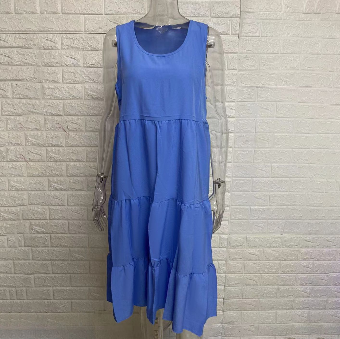 Women's Casual Sleeveless Crew Neck Tiered Layer Baggy Thin Fit Summer Tank Dress - Lightweight Breathable Solid Color, Machine Washable for Daily Outdoor Wear, Ladies Dresses, Nontransparent Fabric