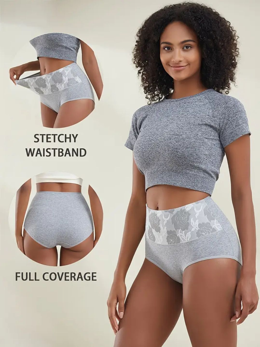 5Pcs Women's Briefs Underwear Cotton High Waist Tummy Control Panties Rose Jacquard Women’s Panties