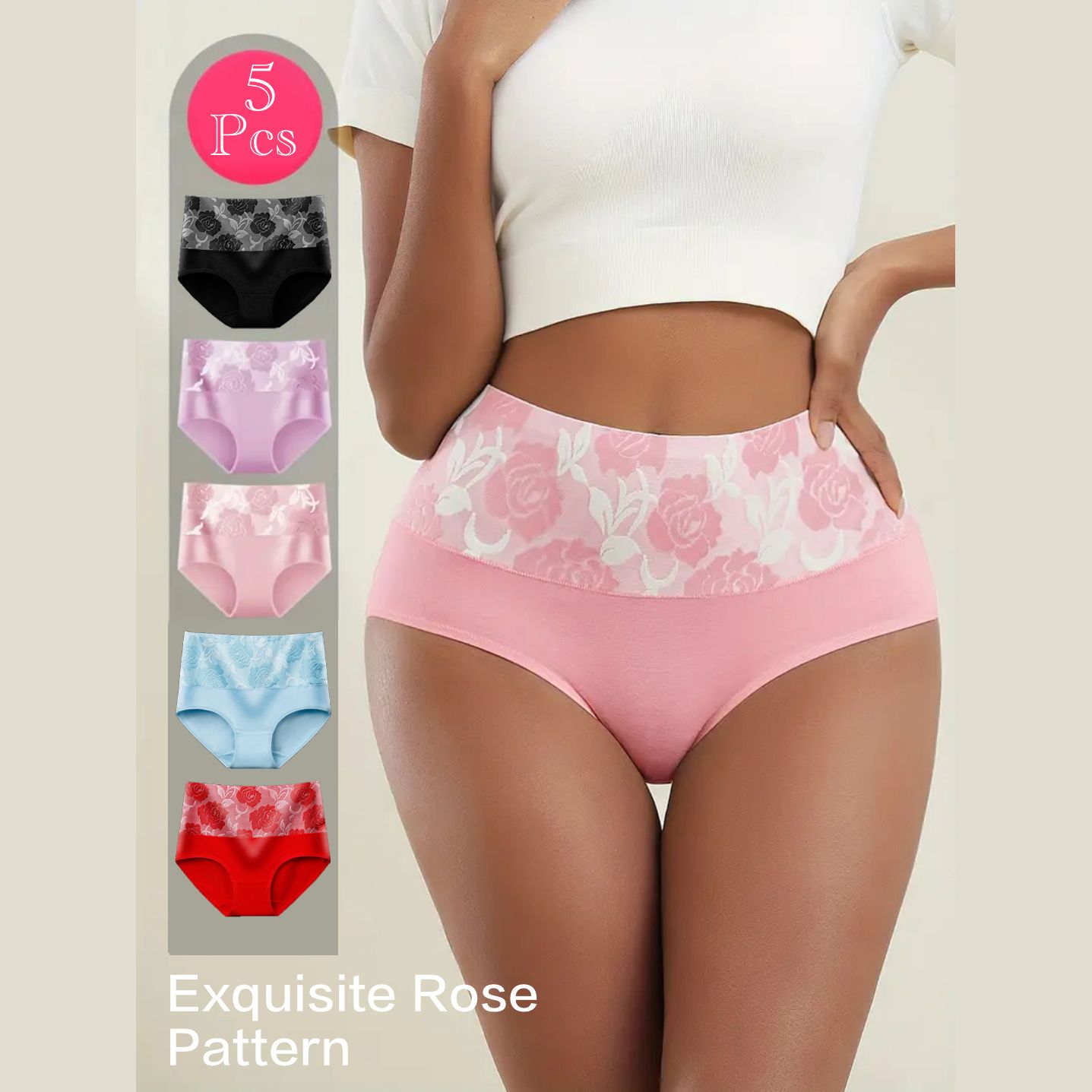 5Pcs Women's Briefs Underwear Cotton High Waist Tummy Control Panties Rose Jacquard Women’s Panties
