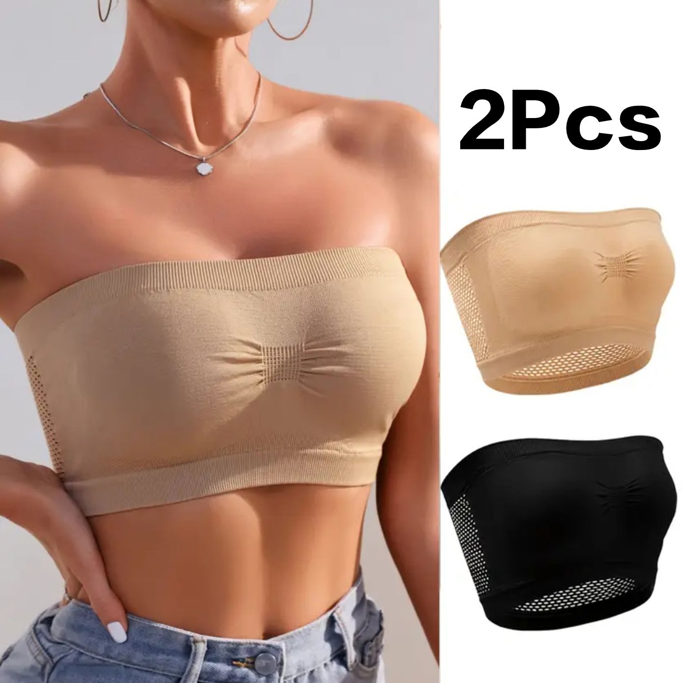 2pcs Set, EssElegance, Solid Color Tube Top, Women's Underwear, Mesh Hole, Anti-slip, High Elasticity, Breathable, Strapless, Seamless, No Steel Ring