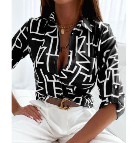 Allover Print Button Up Casual Blouse, Elegant Long Sleeve Collared Shirt For Spring & Fall, Women's Clothing,Women's Plus Letter Print Long Sleeve Lapel Collar Button Up Shirt women clothes