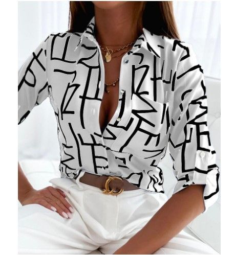 Allover Print Button Up Casual Blouse, Elegant Long Sleeve Collared Shirt For Spring & Fall, Women's Clothing,Women's Plus Letter Print Long Sleeve Lapel Collar Button Up Shirt women clothes