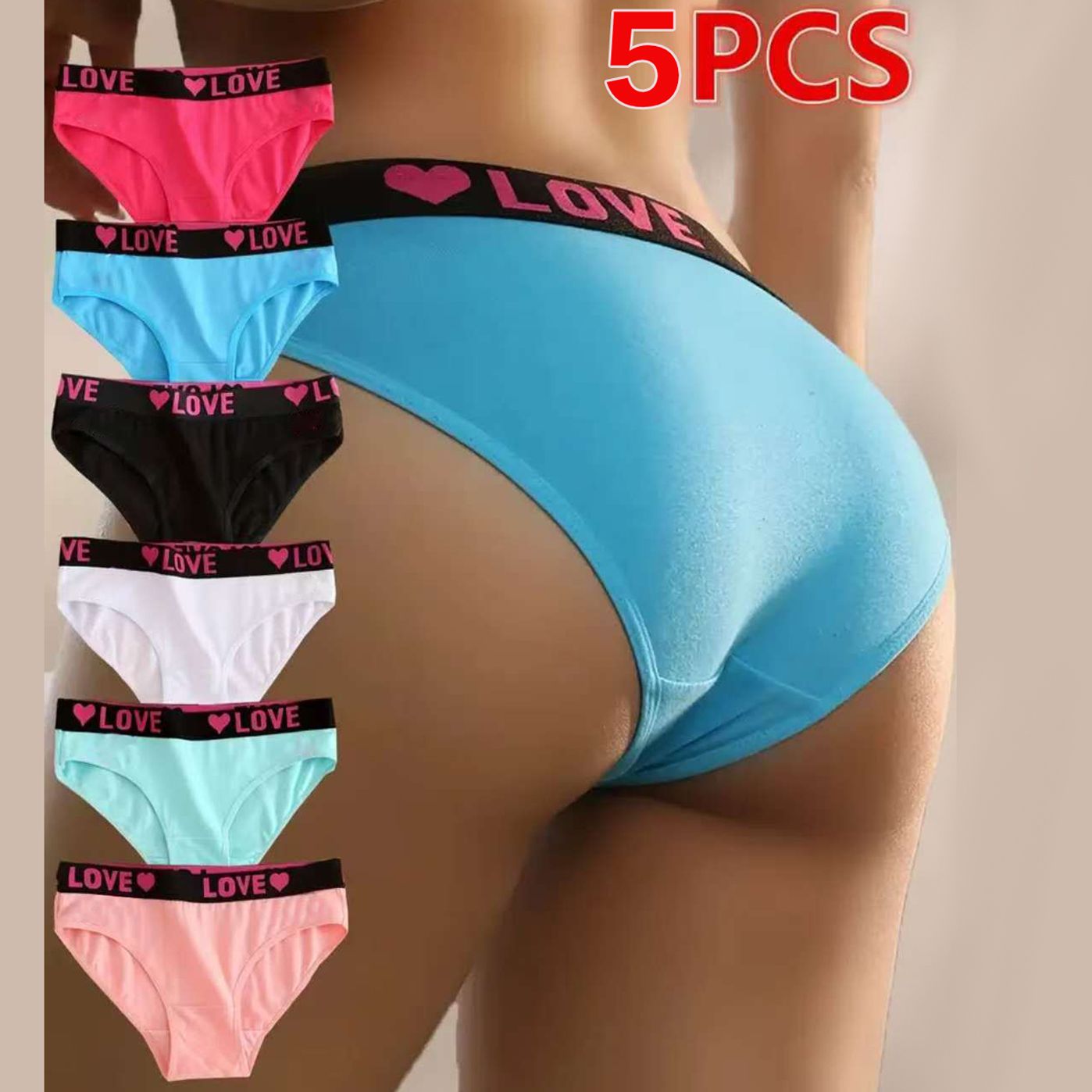 5pcs cotton Seamless Letter Print Color Block Panties Briefs, Comfy Breathable Stretchy Women's Lingerie Underwear