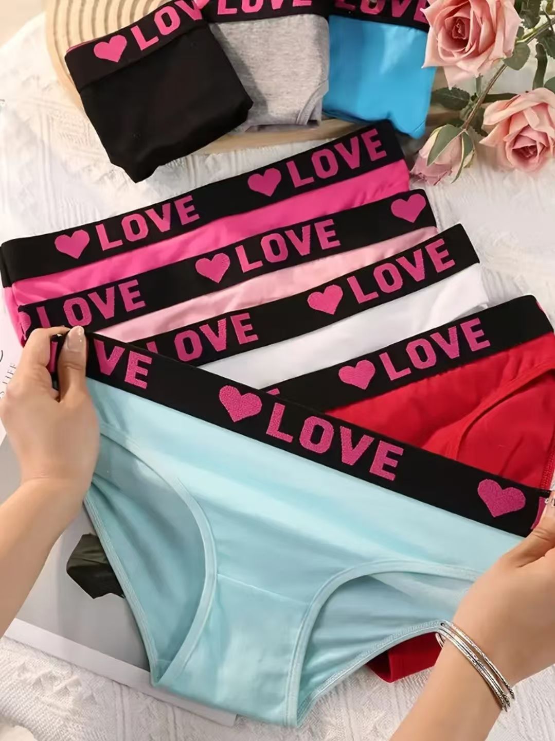 5pcs cotton Seamless Letter Print Color Block Panties Briefs, Comfy Breathable Stretchy Women's Lingerie Underwear
