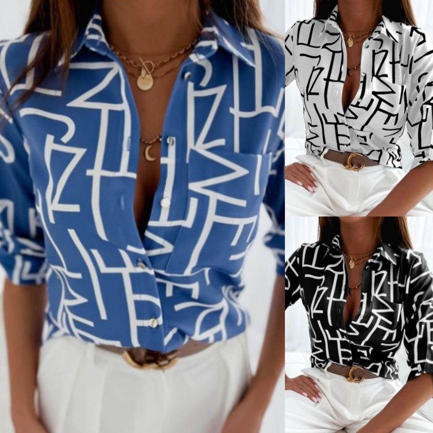 Allover Print Button Up Casual Blouse, Elegant Long Sleeve Collared Shirt For Spring & Fall, Women's Clothing,Women's Plus Letter Print Long Sleeve Lapel Collar Button Up Shirt women clothes
