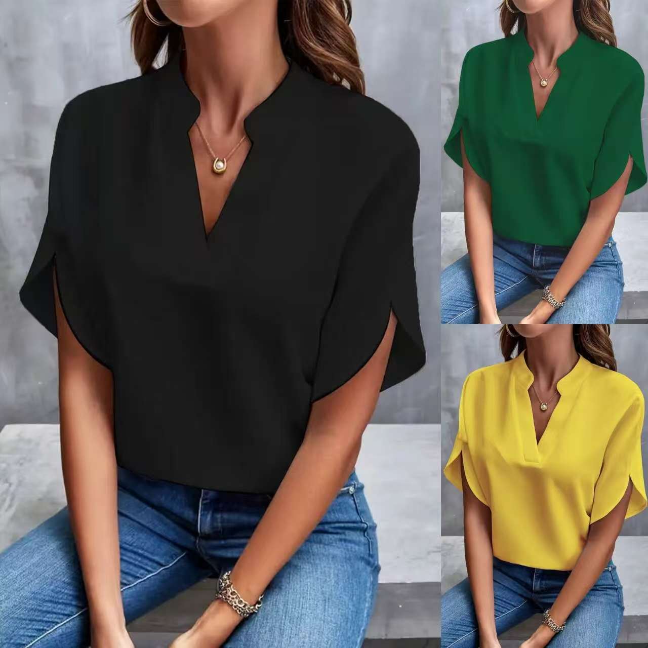 Summer Tops for Women Blouse Fashion Short Sleeve Solid V Neck Loose Shirts and Blouses Elegant Lady Tops T-shirts
