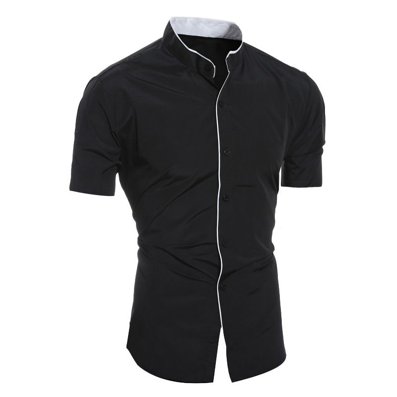 Trendy Men's Shirt Top Band Collar Short Sleeves Closure Button Up Regular Fit Solid Male Casual Shirt For Daily Summer, Men's Clothing