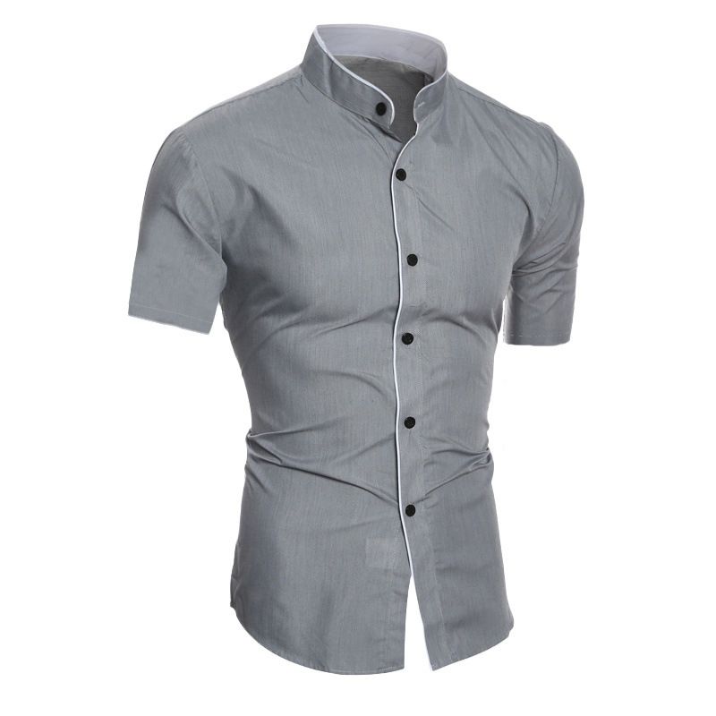 Trendy Men's Shirt Top Band Collar Short Sleeves Closure Button Up Regular Fit Solid Male Casual Shirt For Daily Summer, Men's Clothing
