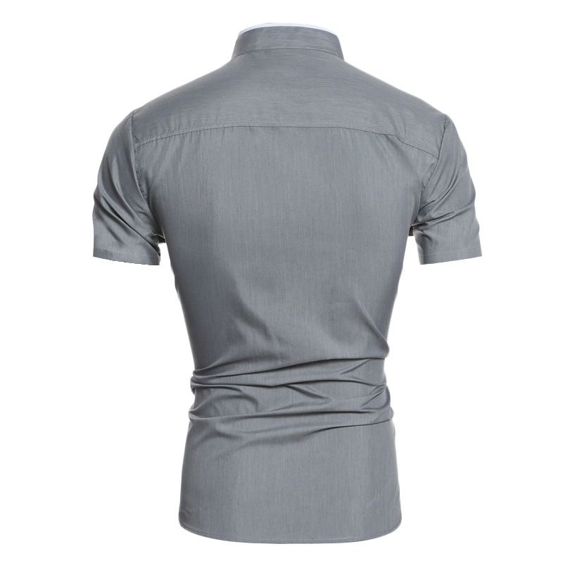 Trendy Men's Shirt Top Band Collar Short Sleeves Closure Button Up Regular Fit Solid Male Casual Shirt For Daily Summer, Men's Clothing